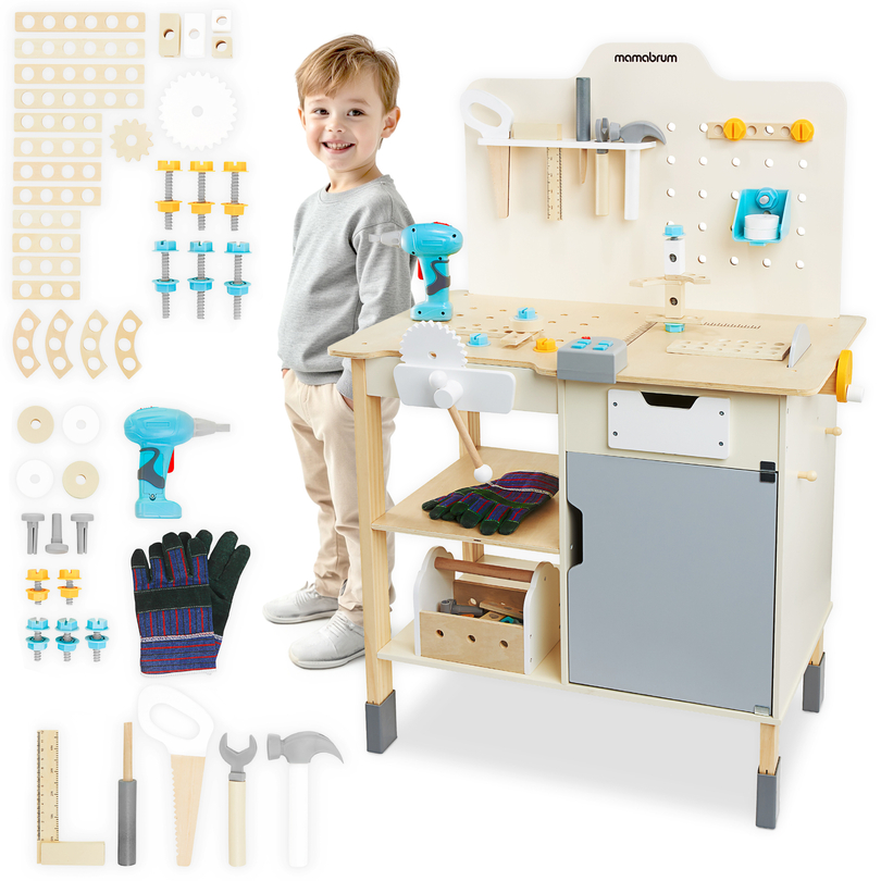 XXL Atelier mare din lemn cu unelte - set de bricolaj, 74 de elemente