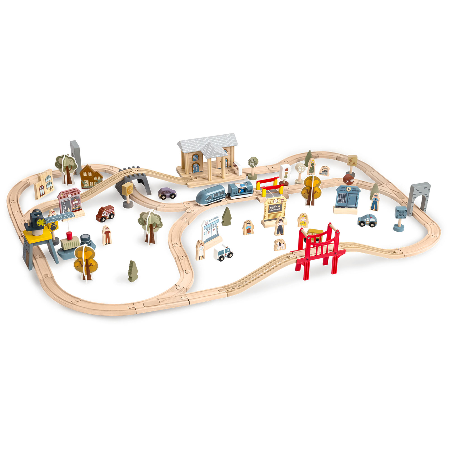 Cale ferată urbană din lemn cu tren electric - macara în mișcare, navă, poduri