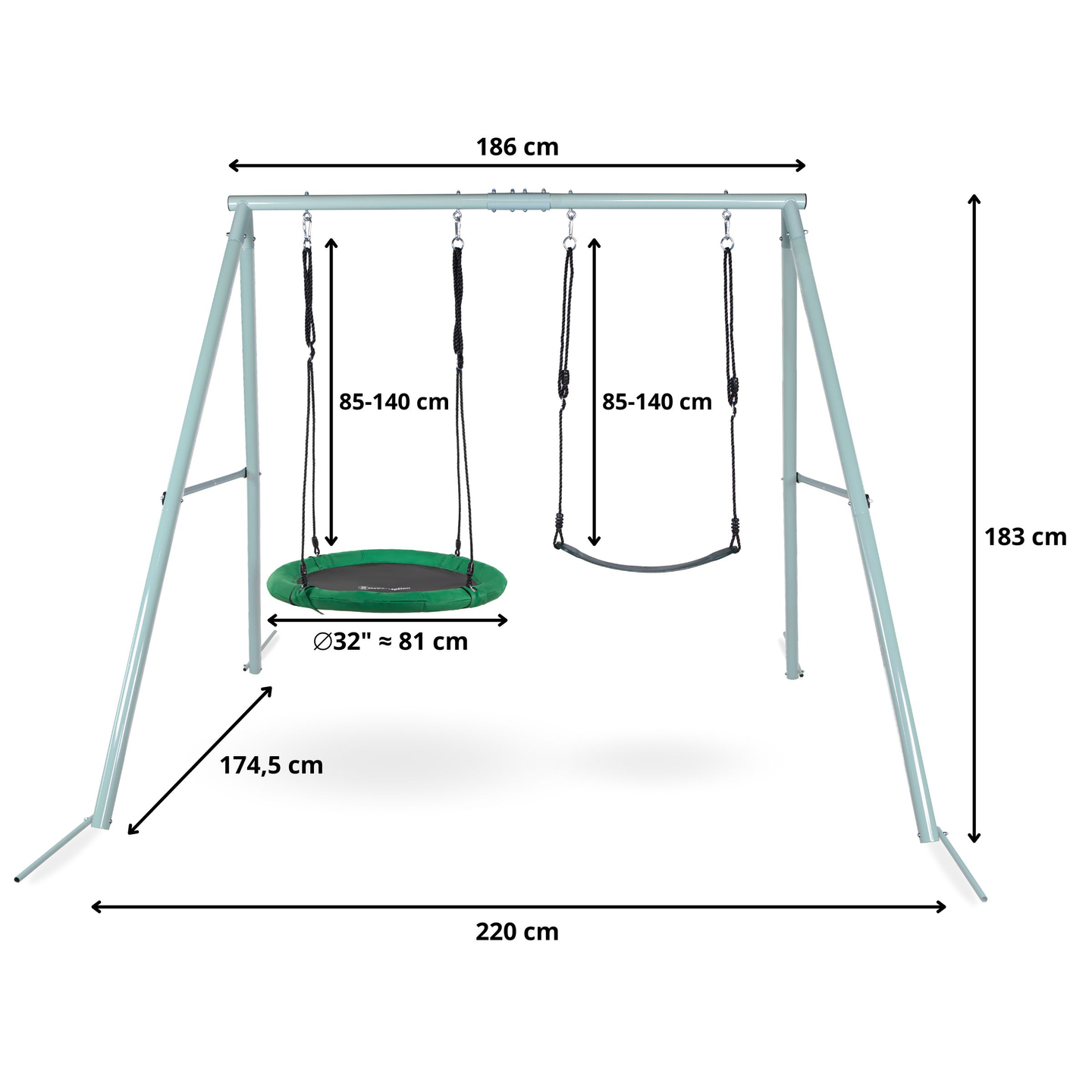 Leagăn dublu de grădină cu cadru și frânghii - scaun și cuib de barză