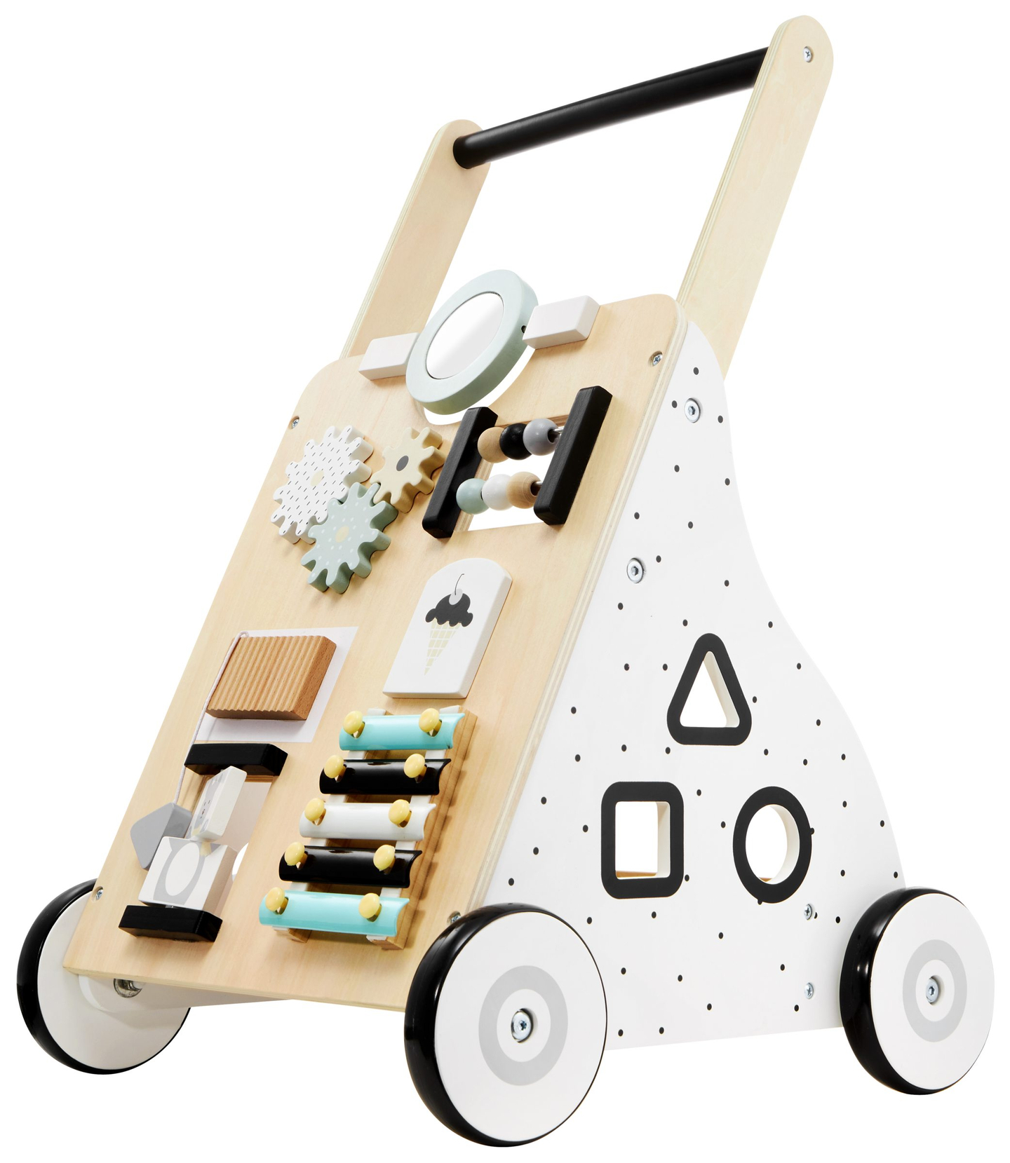 Plimbător / cărucior pentru copii din lemn, educațional - planșă de manipulare