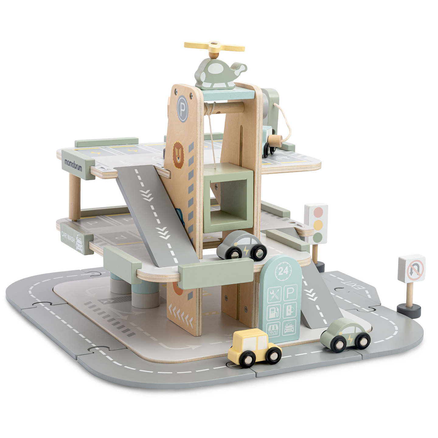 Garaj din lemn, cu trei etaje, pentru copii, cu accesorii - parcare, benzinărie, spălătorie auto, elicopter