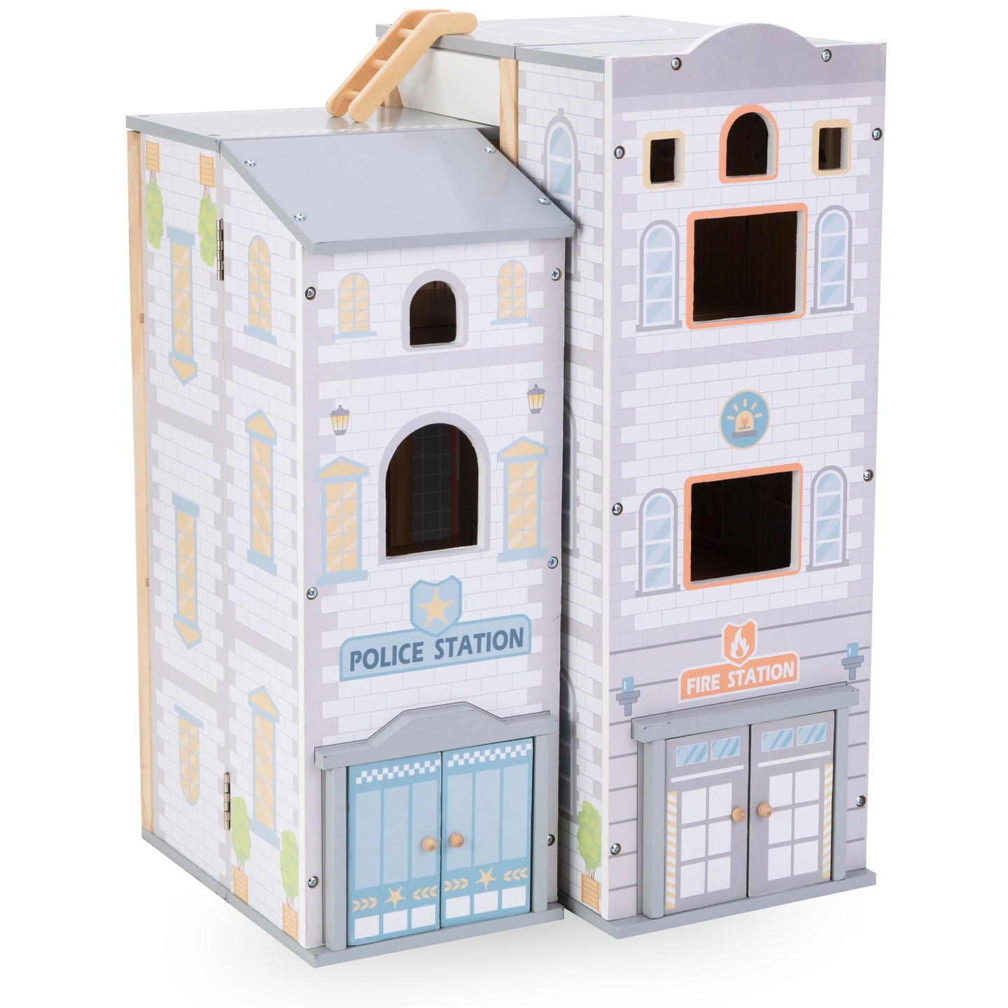 Stație mare de pompieri pliabilă cu stație de poliție - set din lemn. Stație de pompieri și stație de poliție cu accesorii.