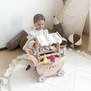 Sală de înghețată din lemn pentru copii - cărucior pe roți cu accesorii