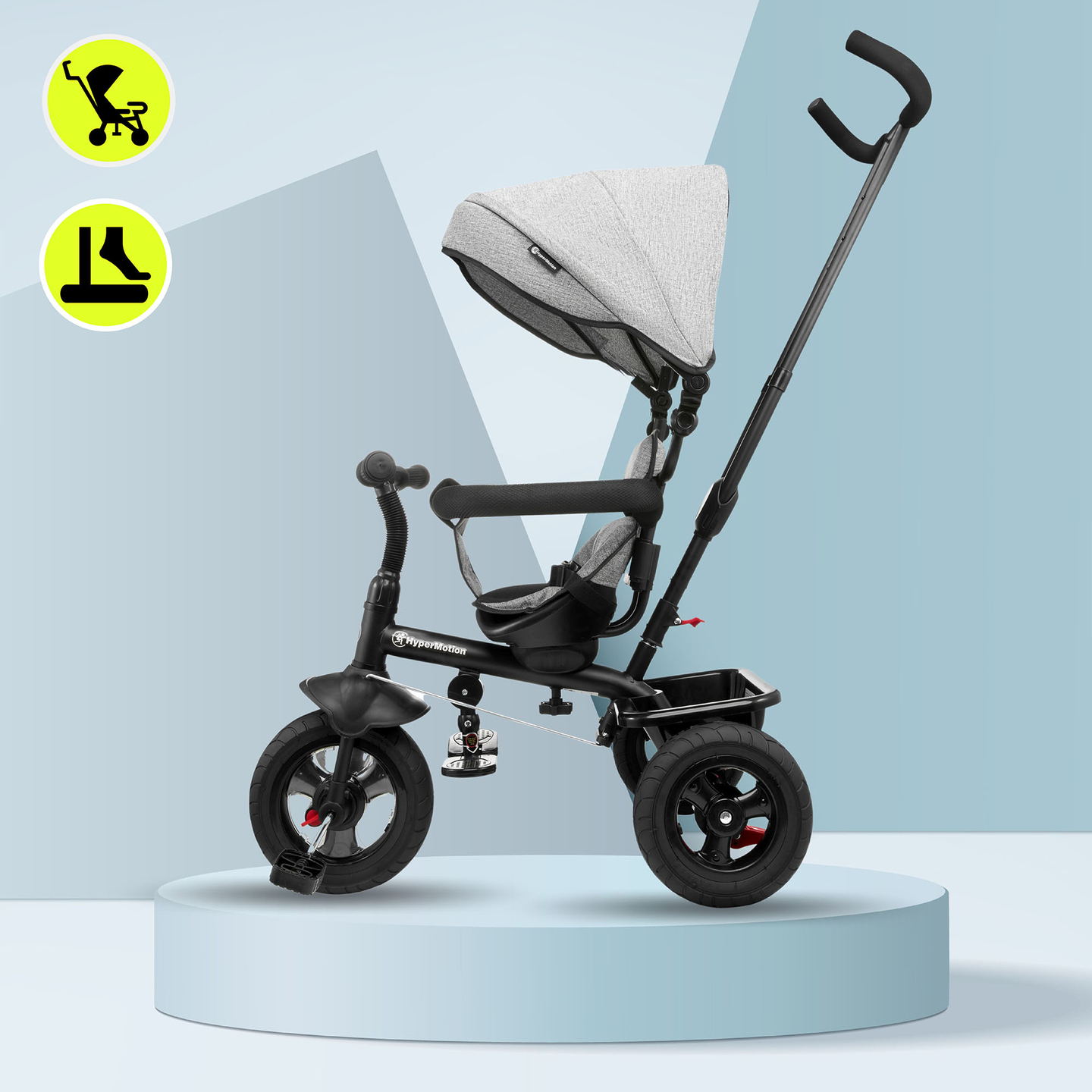 Tricicletă pentru copii 1-4 ani - TOBI FREY - culoare gri - roți pivotante - roți cu pompă + împingător