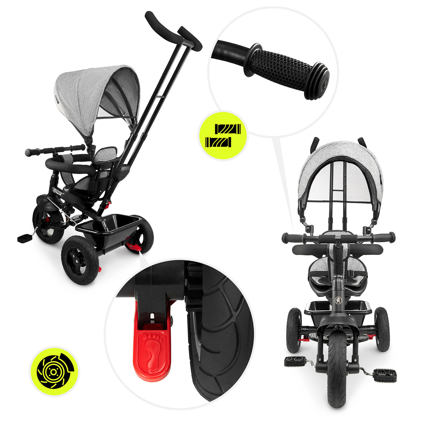 Tricicletă pentru copii 1-4 ani - TOBI FREY - culoare gri - roți pivotante - roți cu pompă + împingător