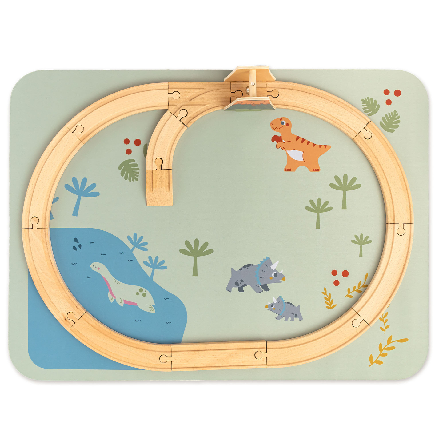 Trenuleț din lemn Dino Park cu covoraș antiderapant - dinozauri, tren, șine, vulcan, clopot