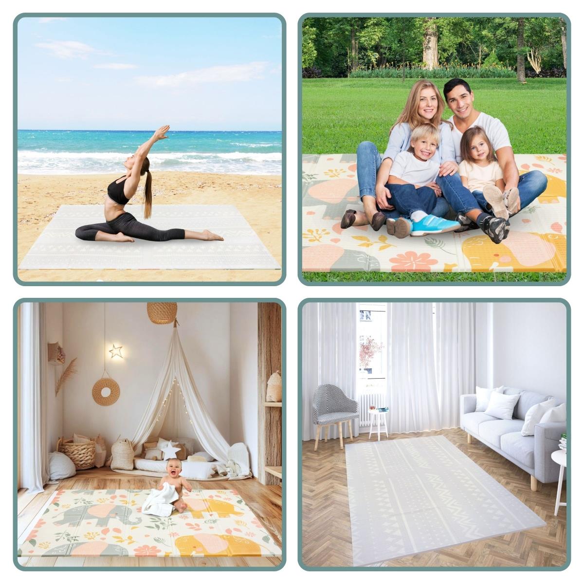 Covoraș din spumă pliabil pe două fețe 180 x 120 x 1cm - Elefanți exotici / Gri delicat