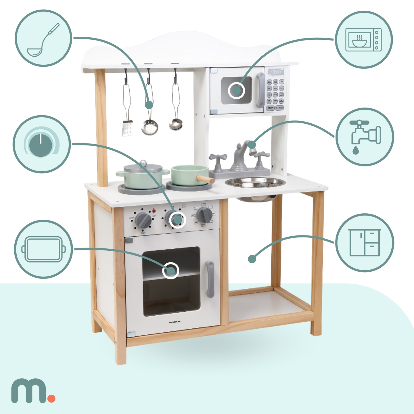 Bucătărie din lemn pentru copii cu cuptor cu microunde