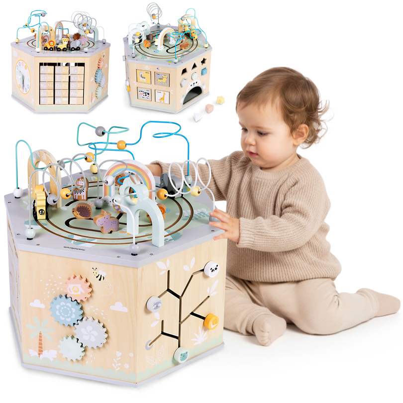 Cub educațional mare din lemn - o jucărie Montessori cu trenuleț magnetic și bucle motorii