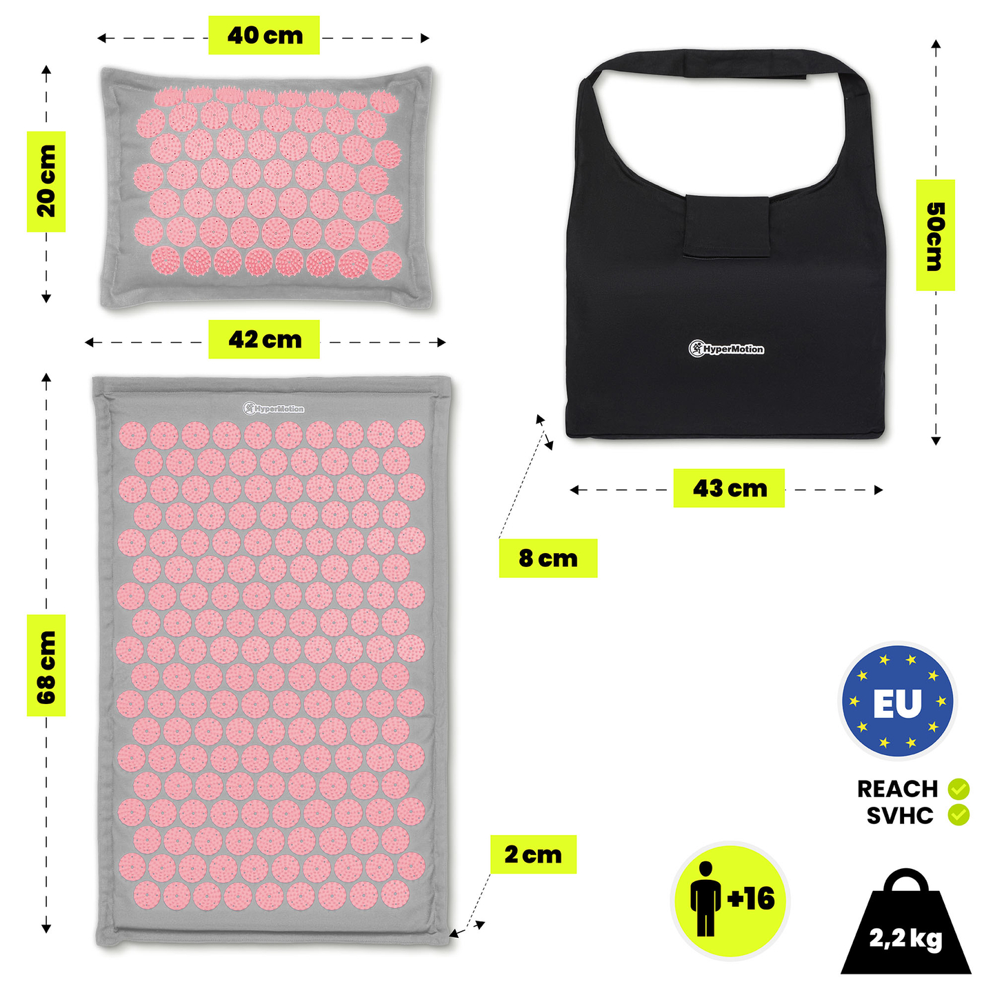 Saltea de presopunctură ECO din in cu fibră de cocos și pernă de hrișcă – 68 cm HyperMotion gri și roz