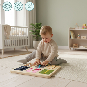 Tablă manipulativă Montessori din lemn – Învățarea senzorială a independenței - șireturi, catarame, nasturi, capse, fermoar