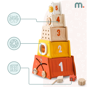 Piramidă educațională Montessori din lemn - sortare de forme, labirint, numere