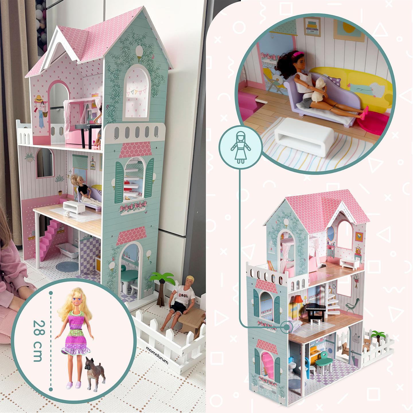 XXL Cea mai mare casă de păpuși din lemn - 123 cm - iluminată cu LED-uri - terasă, accesorii, grădină