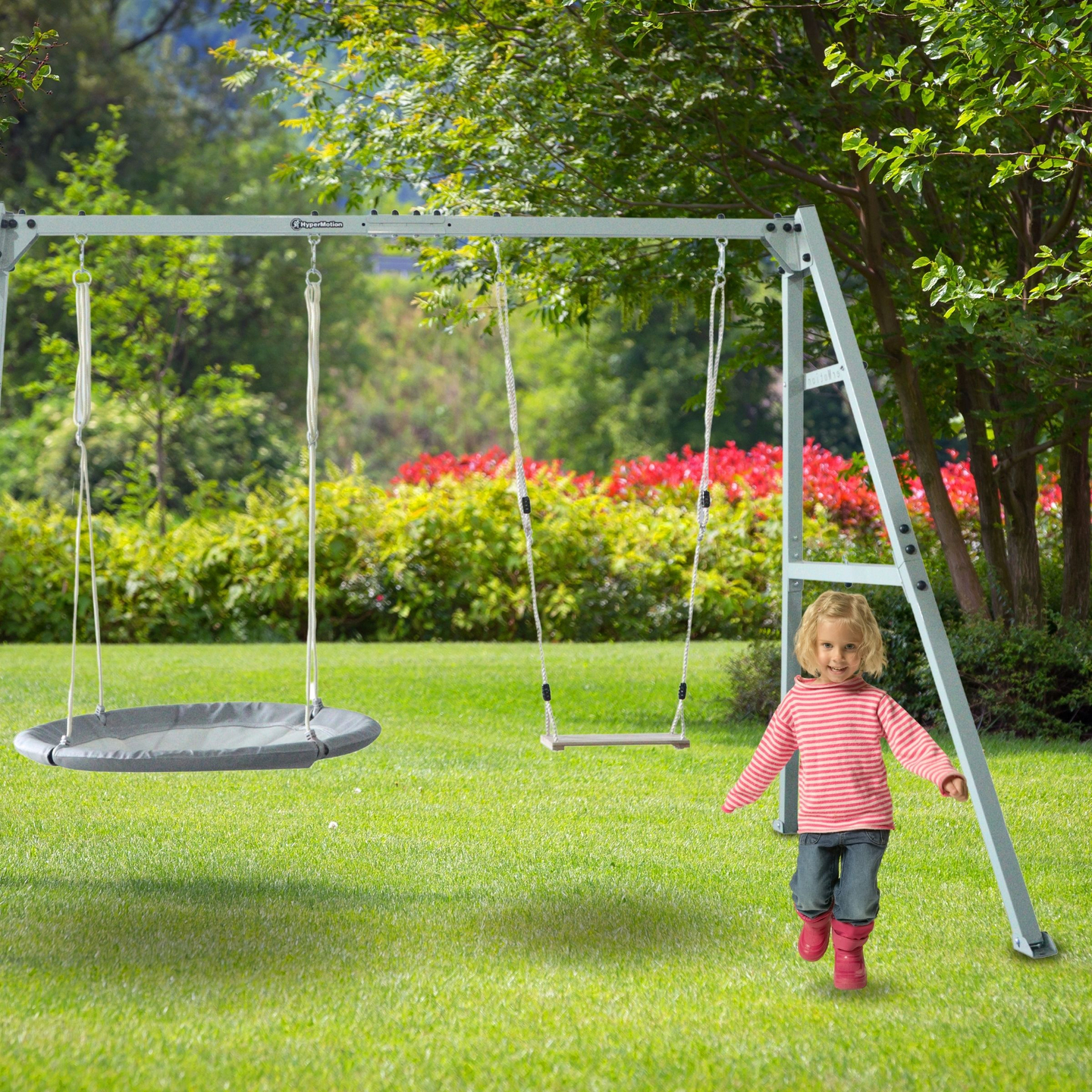 Leagăn dublu cu accesorii - cadru din oțel - cuib de barză, leagăn și hamac