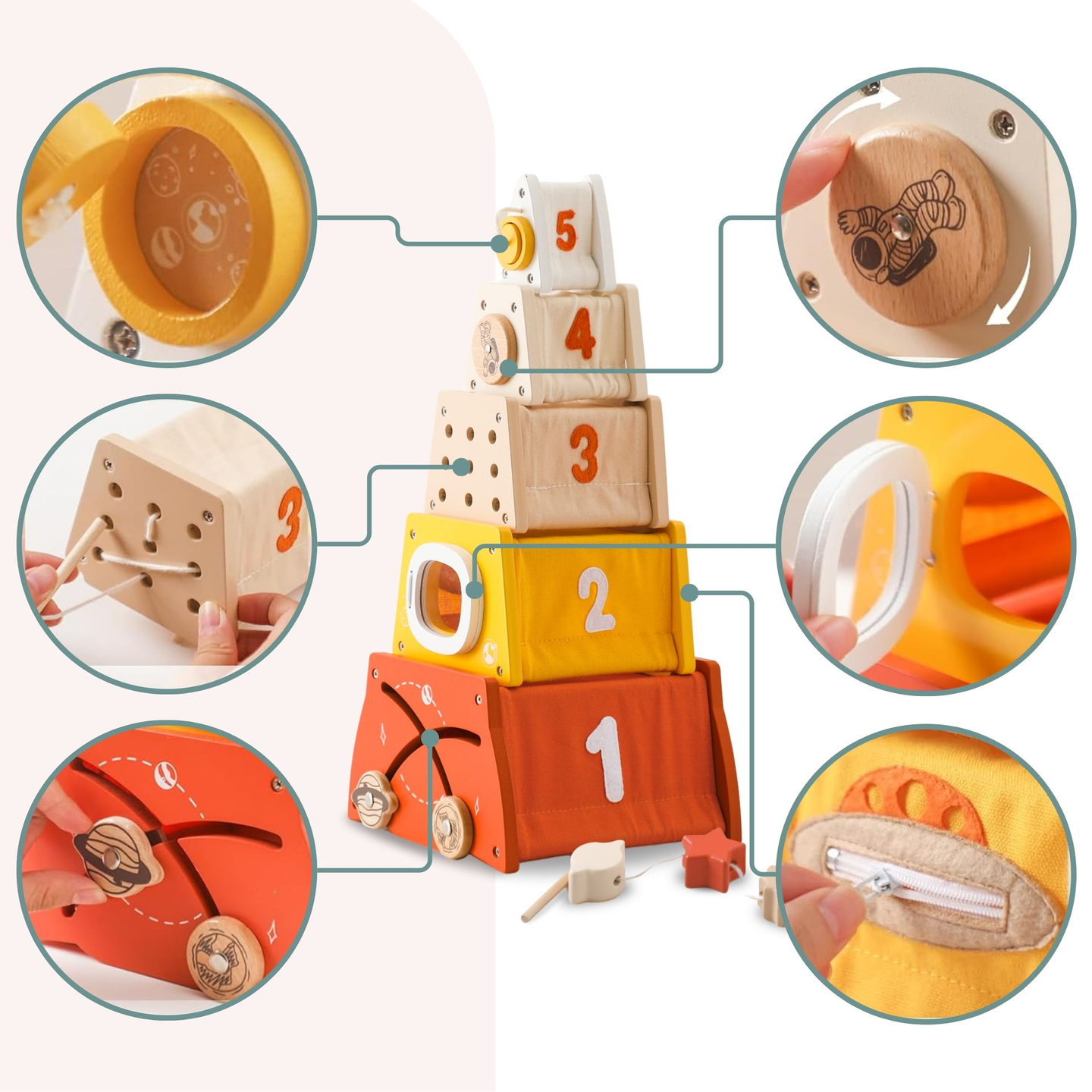 Piramidă educațională Montessori din lemn - sortare de forme, labirint, numere