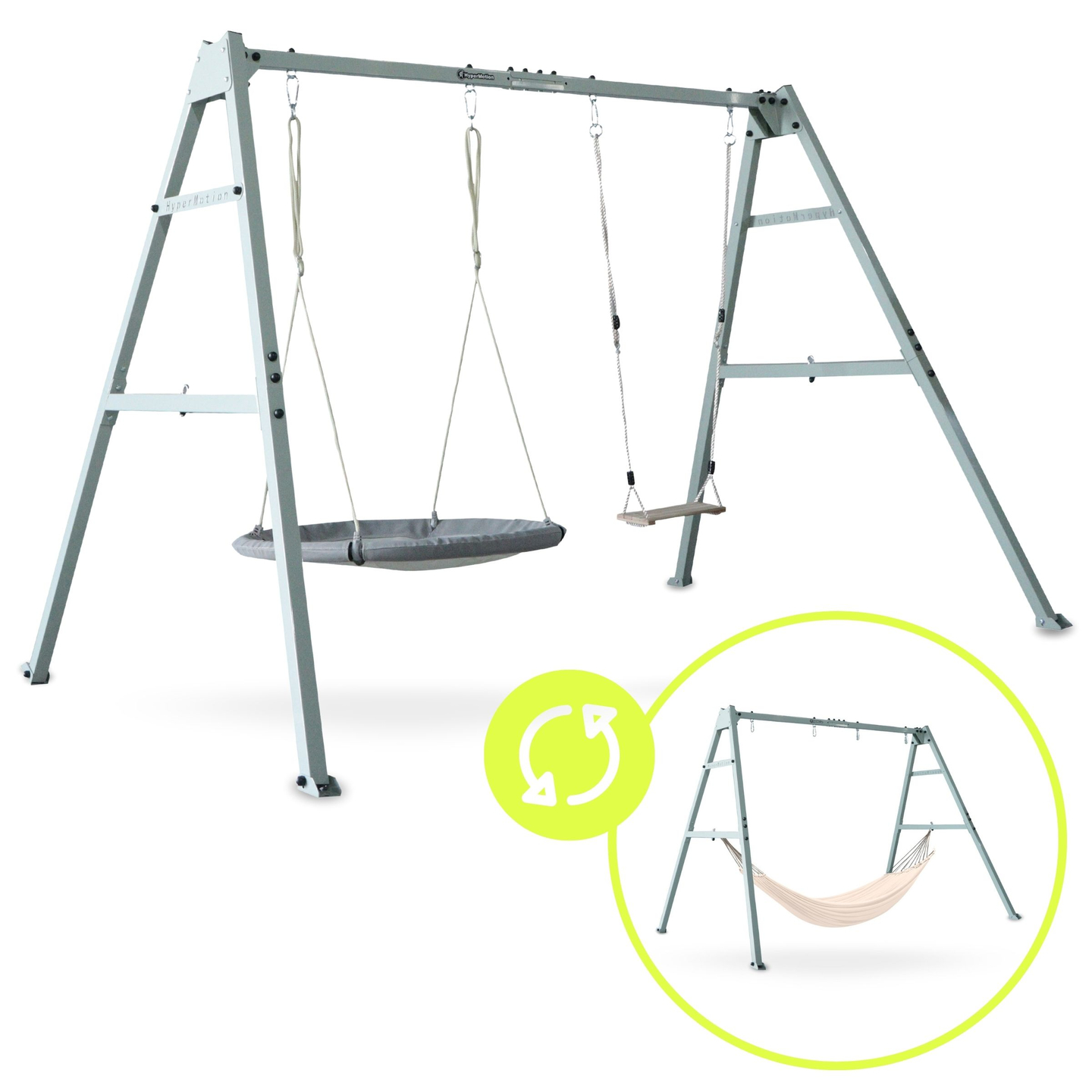 Leagăn dublu cu accesorii - cadru din oțel - cuib de barză, leagăn și hamac