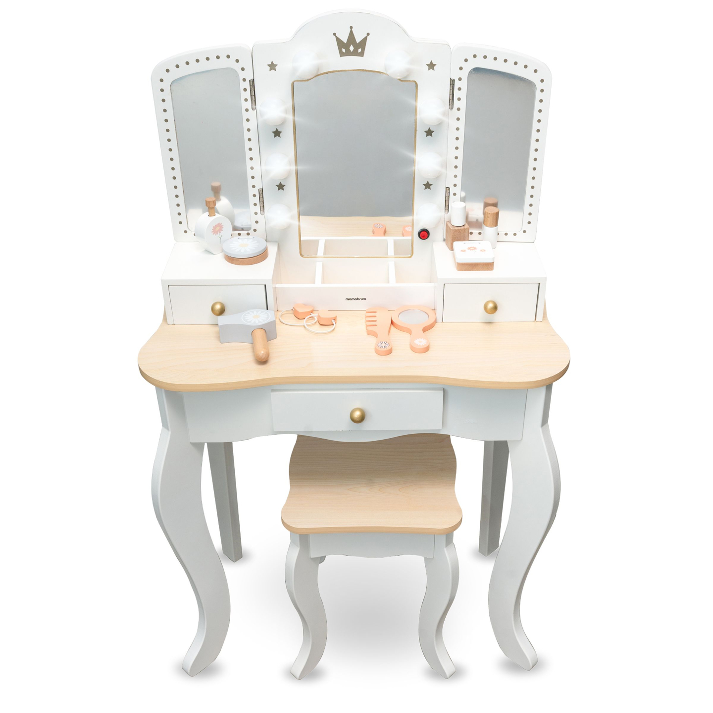 Masă de toaletă XXL din lemn cu taburet și iluminare LED pentru copii + accesorii