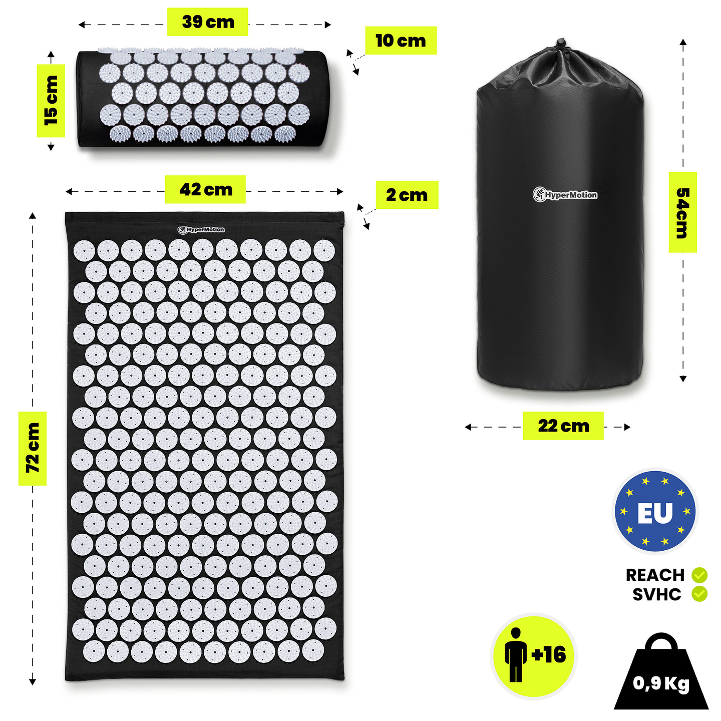 Saltea de presopunctură cu pernă și husă - 72 cm HyperMotion alb-negru