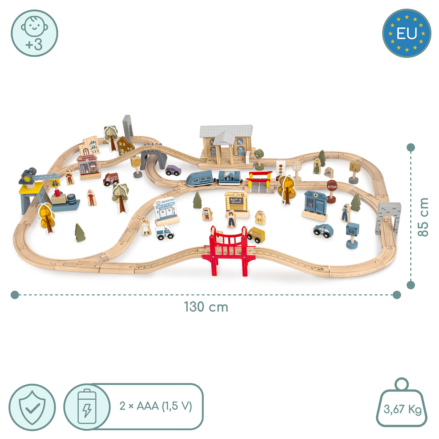 Cale ferată urbană din lemn cu tren electric - macara în mișcare, navă, poduri