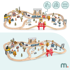 Cale ferată urbană din lemn cu tren electric - macara în mișcare, navă, poduri