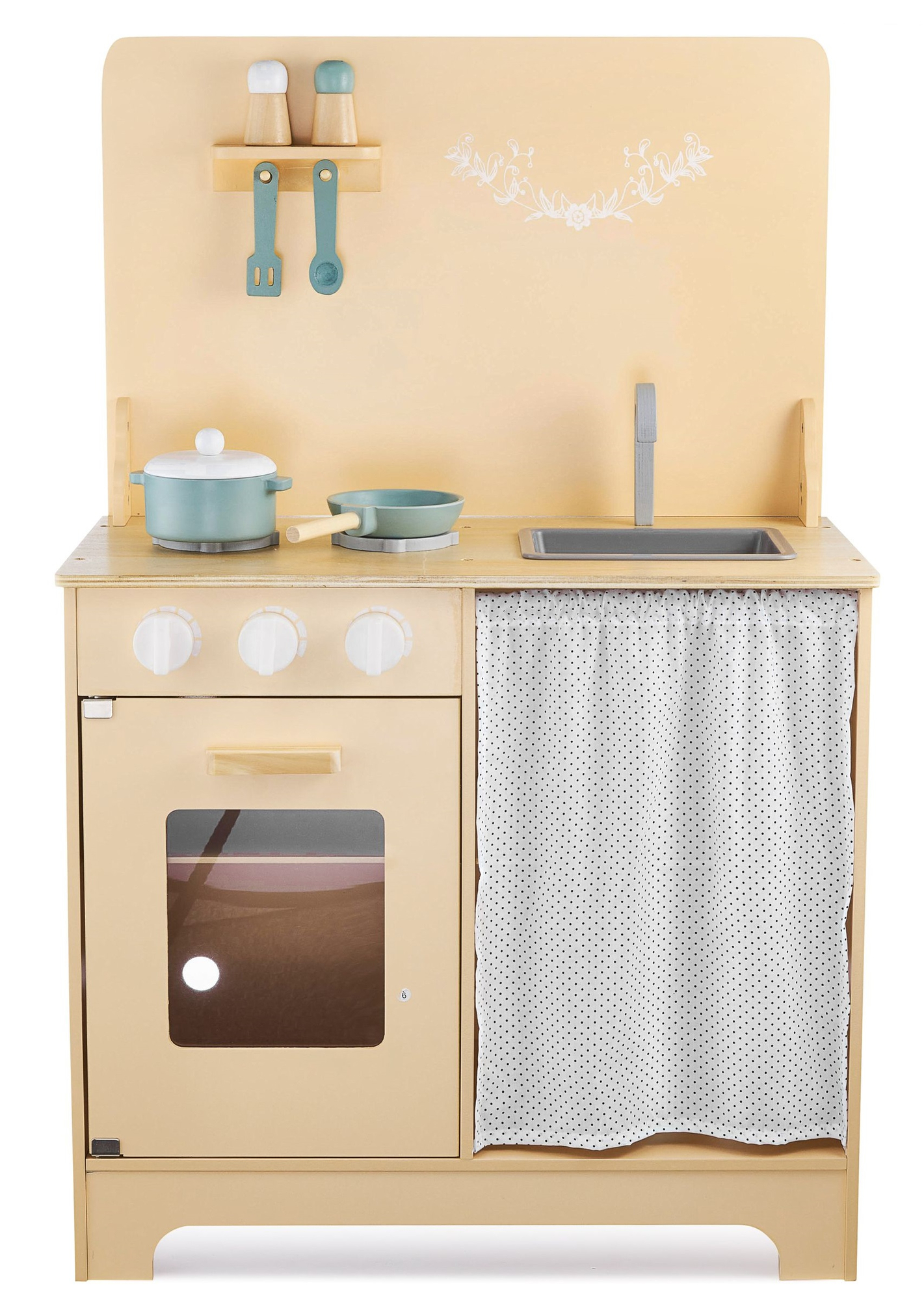 Bucătărie din lemn cu șorț, accesorii și iluminat cu LED-uri