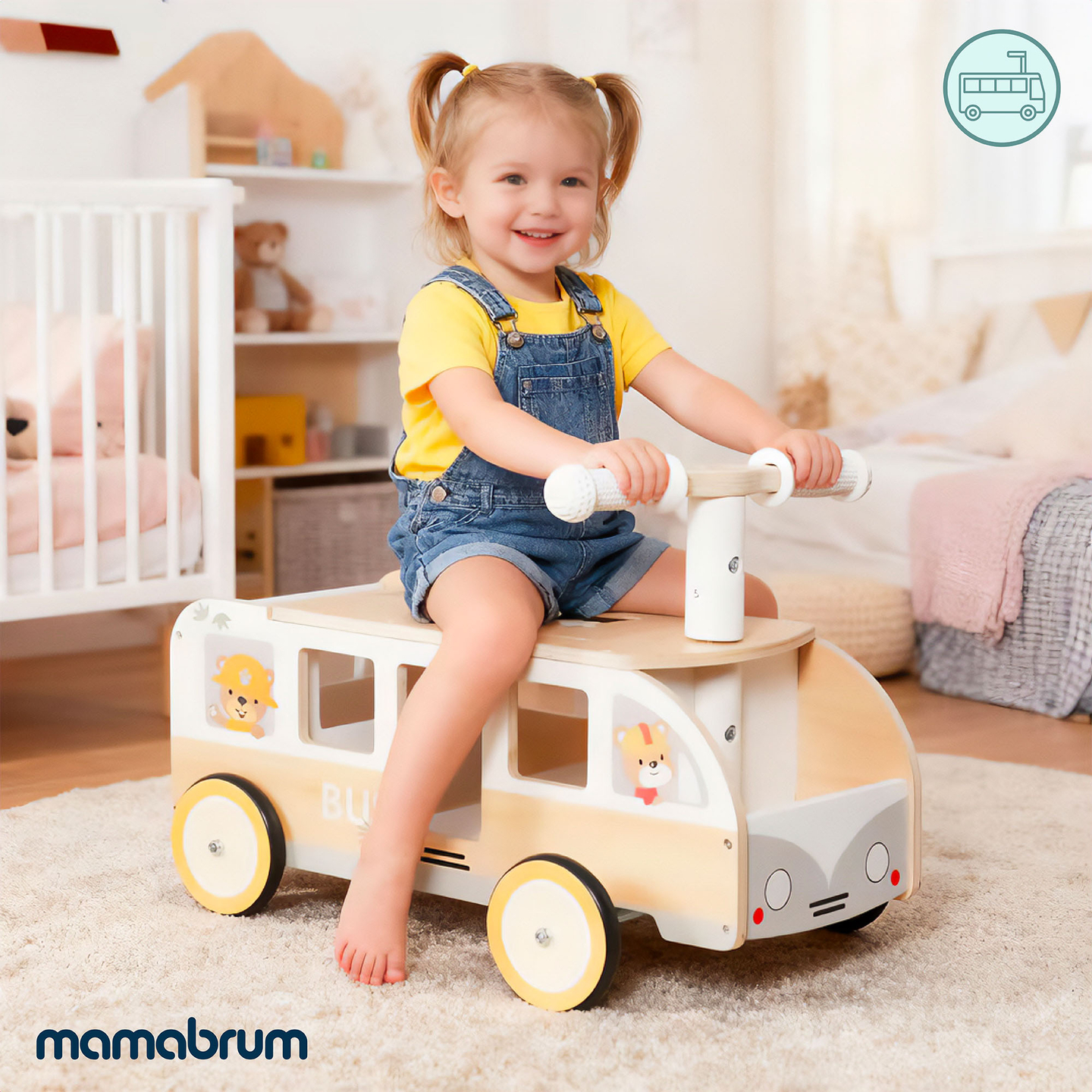 Autobuz de călătorie din lemn pentru copii - Autobuz cu compartimente de depozitare și spațiu pentru animale de pluș