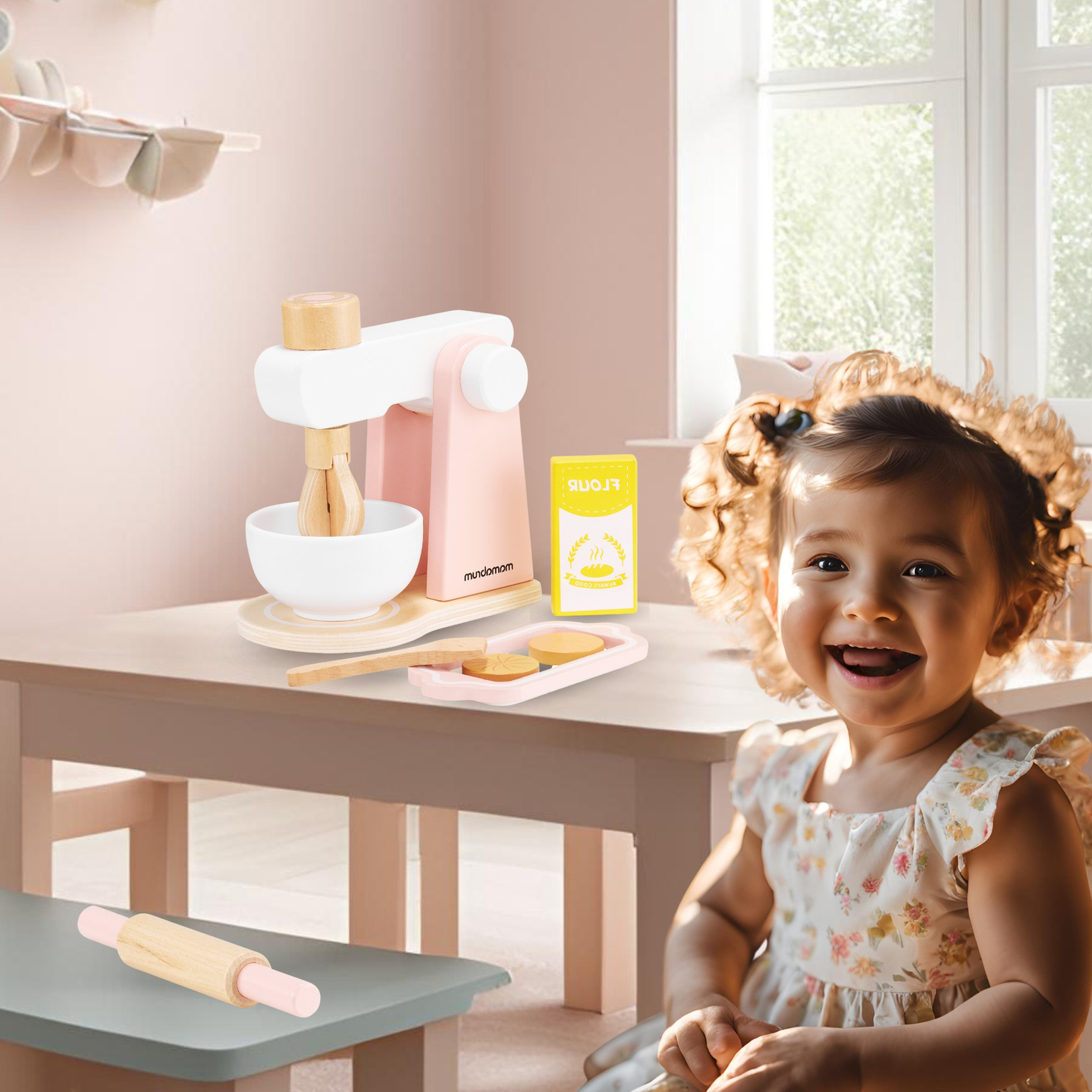 Mixer de aluat din lemn cu accesorii, pentru copii