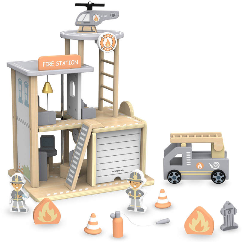 Stație de pompieri din lemn cu accesorii, brigada de pompieri