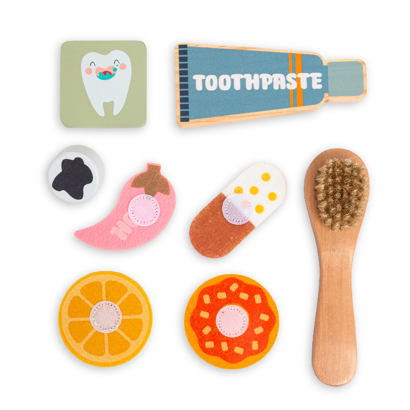 Tablă educațională Montessori din lemn pentru micul dentist - periuță de dinți, pastă de dinți, dinți detașabili, oglindă, mâncare, arome didactice