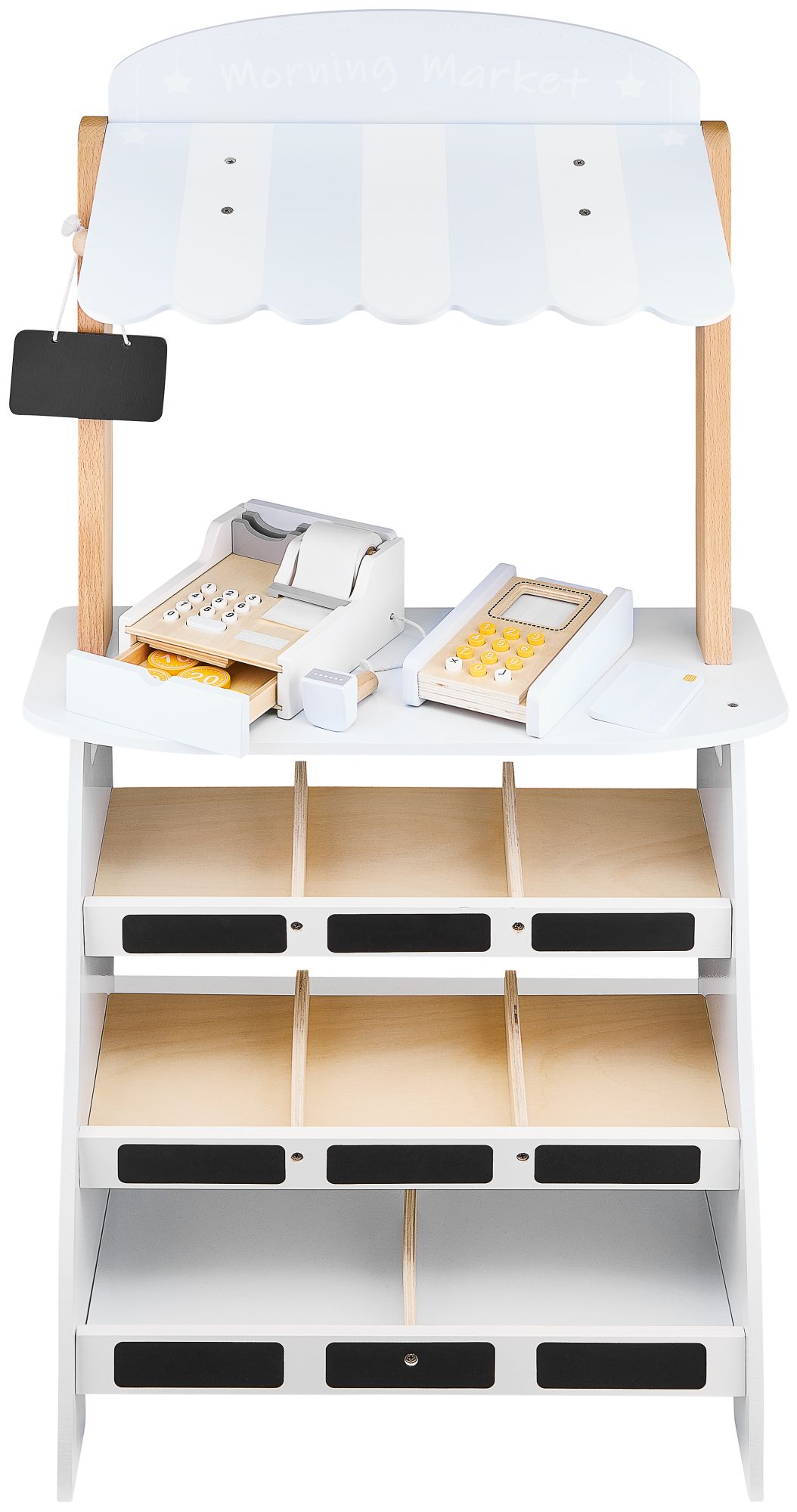 Magazin de legume - tarabă din lemn cu lăzi, casă de marcat și terminal