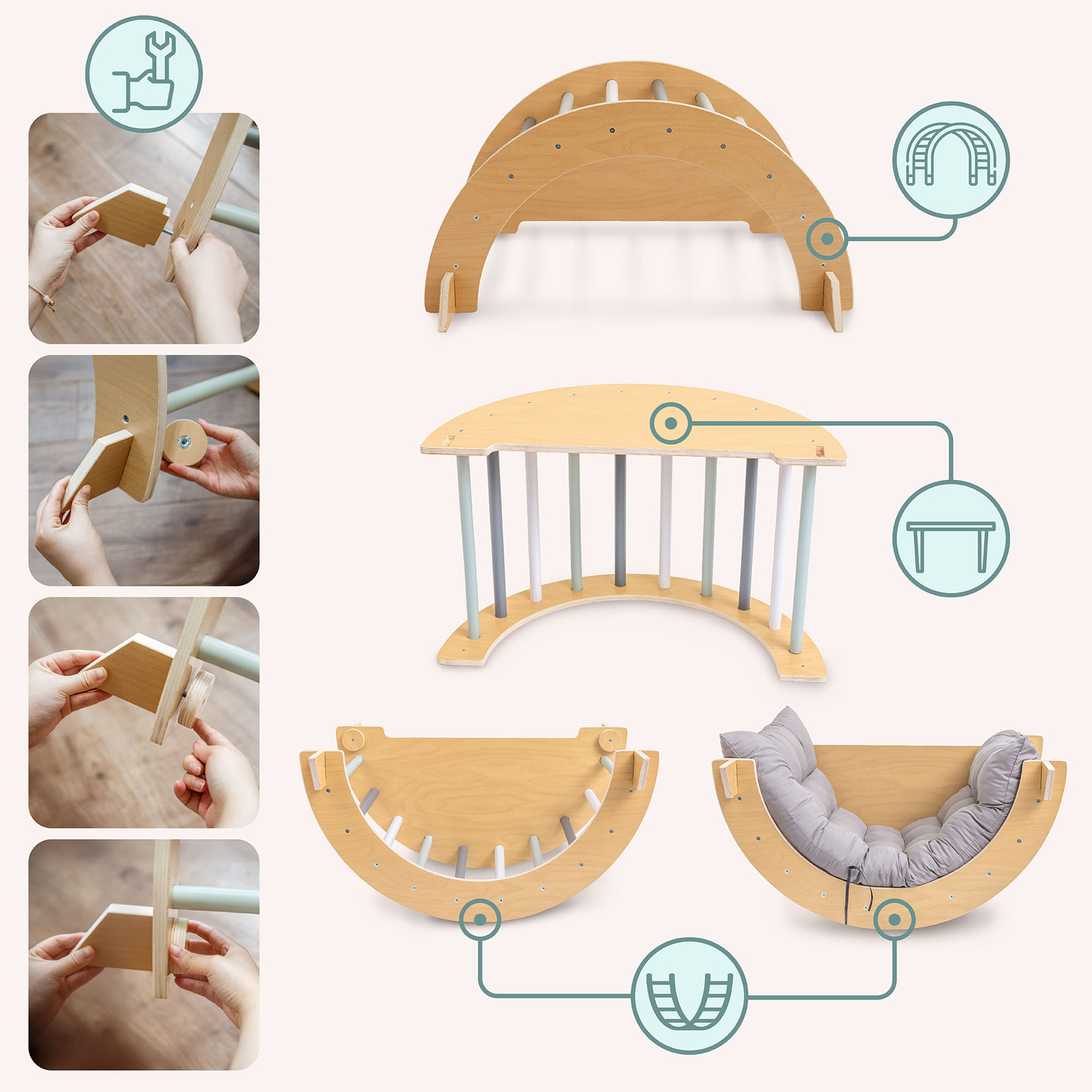 Loc de joacă interior din lemn pentru copii - perete de cățărat, tobogan, arc/balansoar de cățărat și triunghi Pikler