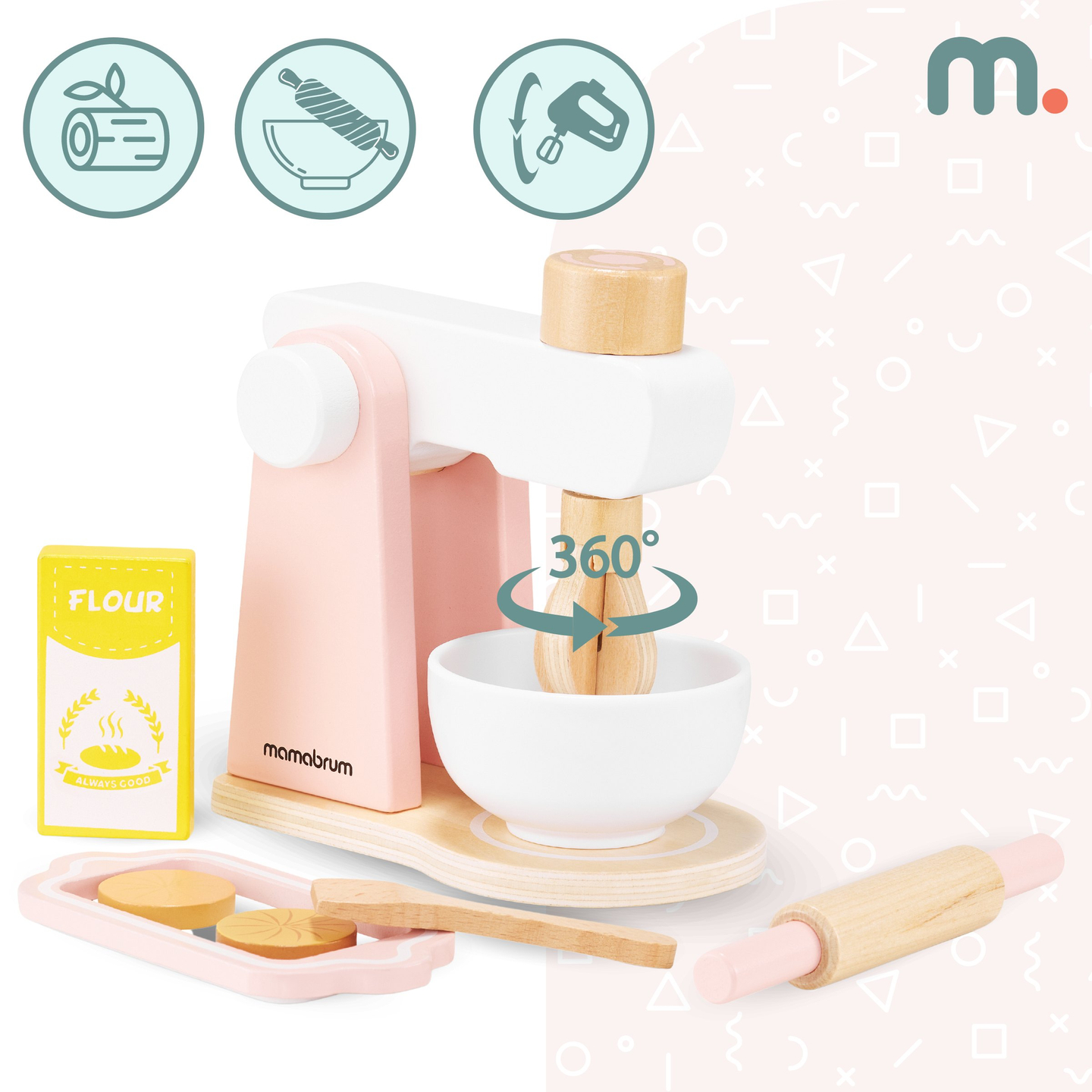 Mixer de aluat din lemn cu accesorii, pentru copii