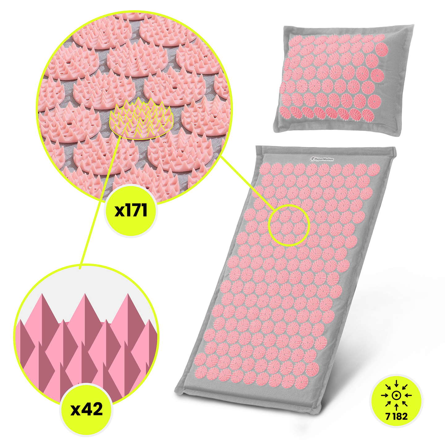 Saltea de presopunctură ECO din in cu fibră de cocos și pernă de hrișcă – 68 cm HyperMotion gri și roz