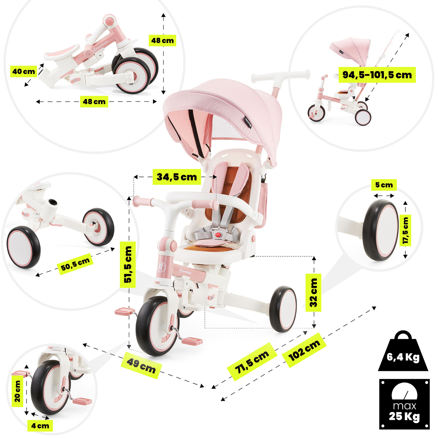 Triciclu multifuncțional 8in1 TOBI FOREST - roz