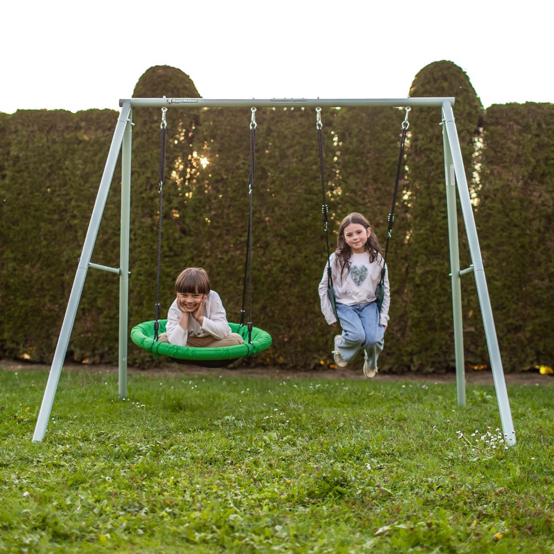 Leagăn dublu de grădină cu cadru și frânghii - scaun și cuib de barză