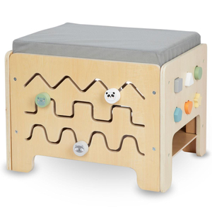 Cutie manipulativă din lemn - placă Montessori cu figuri de animale și scaun
