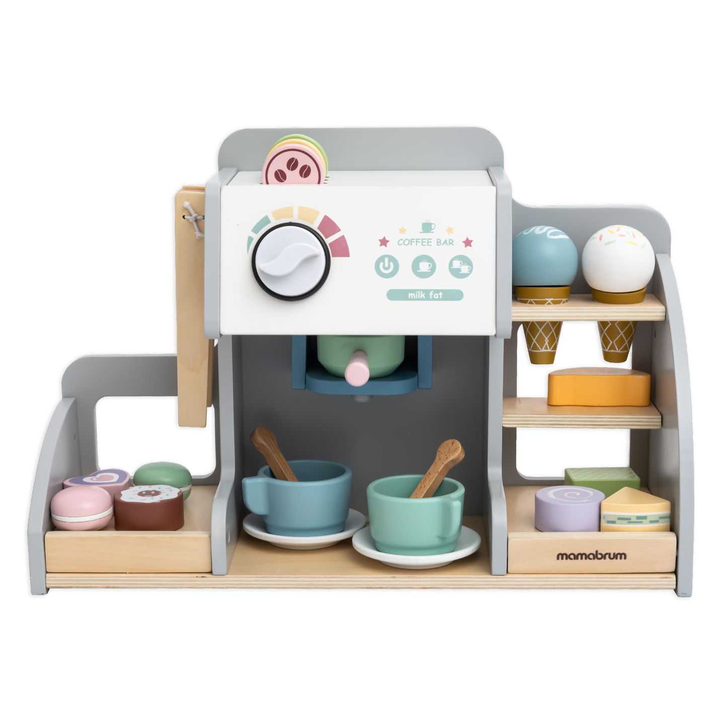 Un salon mare de înghețată din lemn cu tablă magnetică, aparat de cafea și set de înghețată și deserturi - peste 70 de piese!