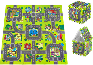 Covoraș puzzle educațional din spumă 90 x 90 x 1cm cu margini - spumă EVA - design: străzi, drumuri, oraș