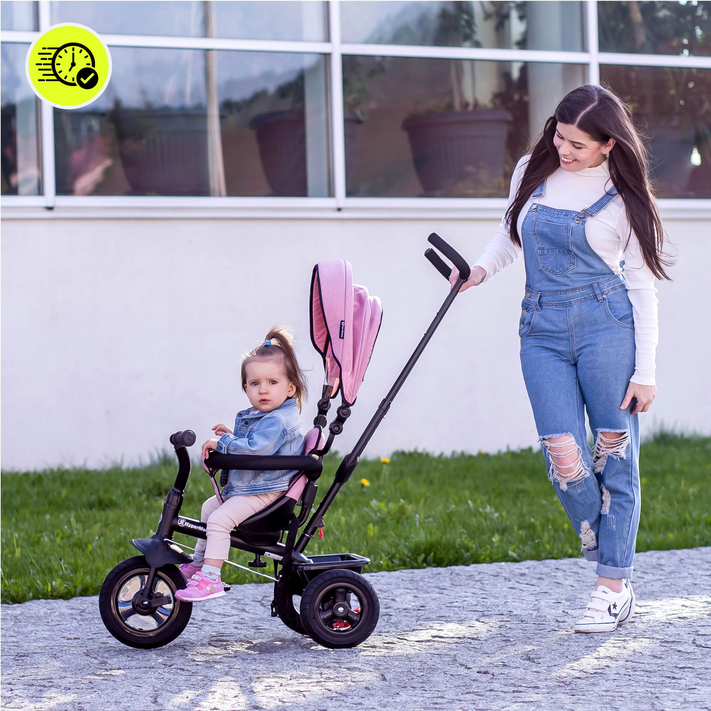 Tricicletă pentru copii 1-4 ani - TOBI FREY - culoare roz - roți pivotante - roți cu pompă + împingător