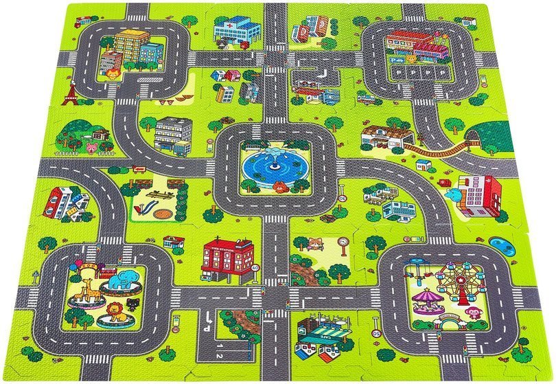 Covoraș puzzle educațional din spumă 90 x 90 x 1cm cu margini - spumă EVA - design: străzi, drumuri, oraș