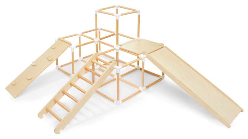 Loc de joacă mare, din lemn, de uz casnic XXL - tobogan, scară, perete de cățărat, cuburi de cățărat