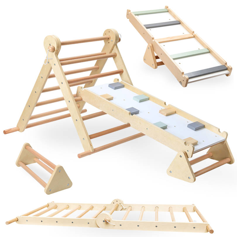 Loc de joacă pentru copii din lemn, făcut în casă - scară + perete de cățărat + bârnă de echilibru - triunghiul lui Pikler