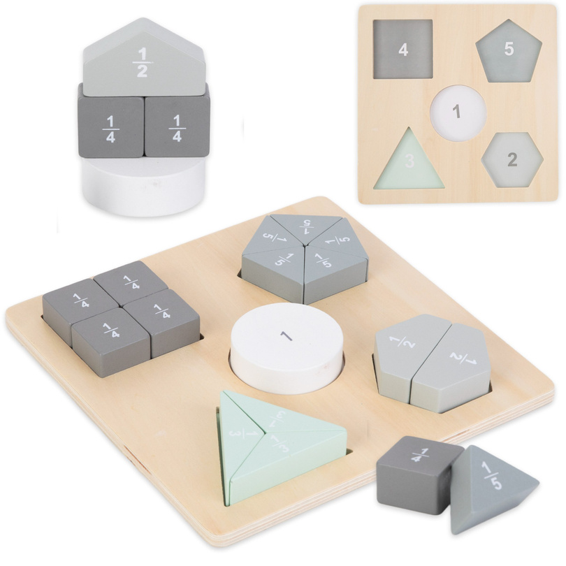 Puzzle din lemn - Puzzle Montessori - Fracții și figuri geometrice