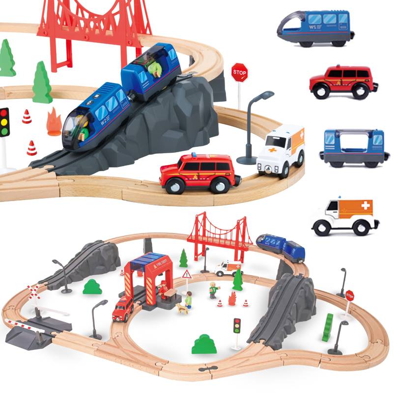Tren de lemn cu baterii - Pompieri, șine, vagoane, poduri, barieră