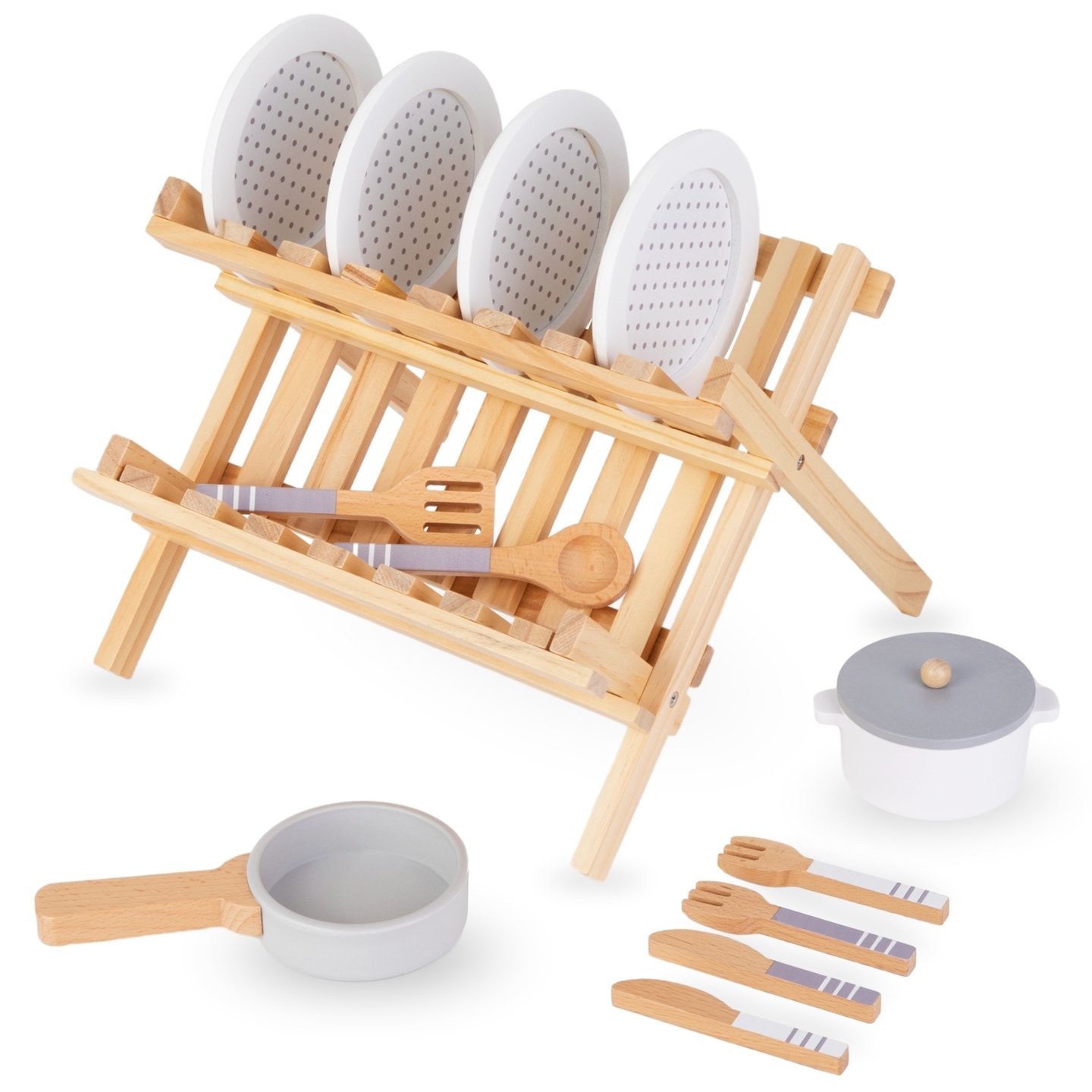 Accesorii de bucătărie din lemn cu uscător de vase - set pentru copii