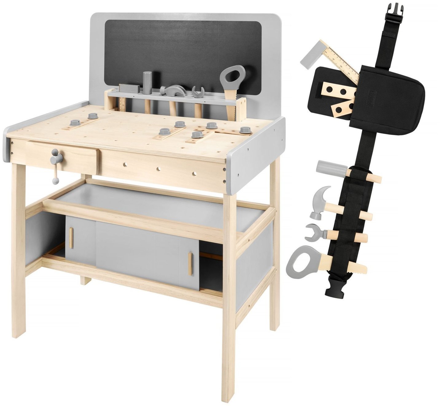 Atelier din lemn XXL pentru copii cu unelte, curea și tablă - 48 de bucăți.