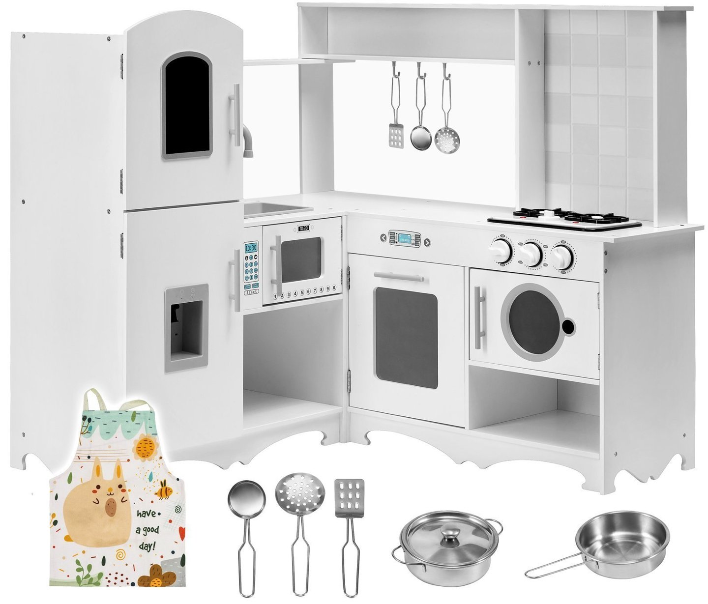 Bucătărie de colț din lemn XXXL cu frigider, cuptor, mașină de spălat, șorț și accesorii 