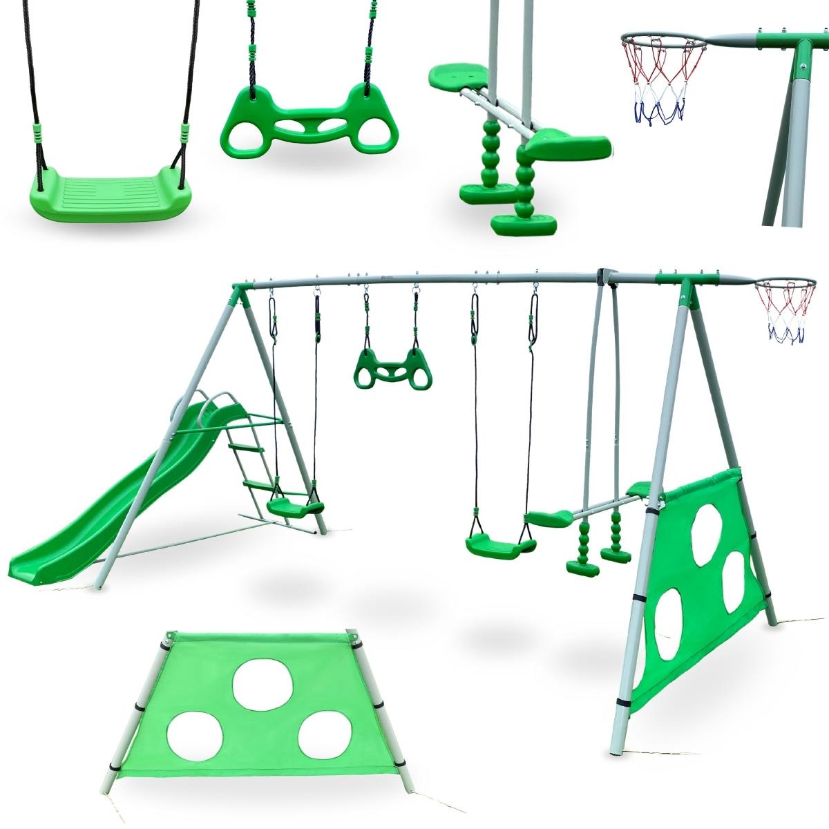 Loc de joaca de gradina XXXL pentru copii cu leagan, tobogan, trapez de gimnastica, coș de baschet și poartă de fotbal